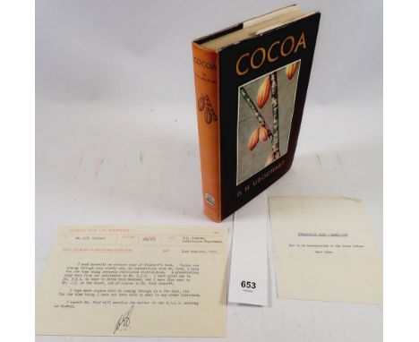 Cocoa by D H Urquhart first edition 1955 with letter stating it was give to a Cadbury Director C F Gillett prior to its publi