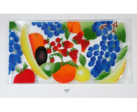 A glass serving dish decorated fruit, signed W M McGrath, 38 x 20cm 