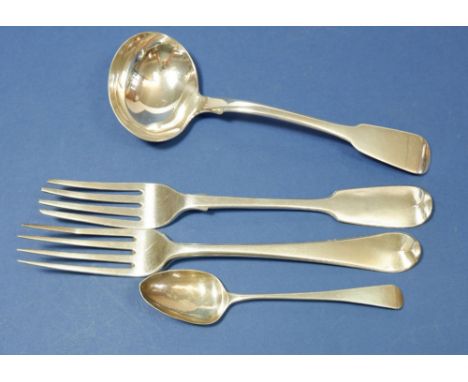 A silver sauce ladle, London 1838, two silver forks and a teaspoon, 205g total 