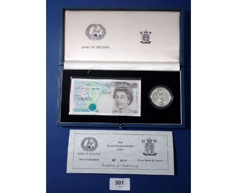 Royal Mint issue in presentation case and certificate including 1990 commemoratives: £5 banknote G M Gill pre-fix: A01 002557