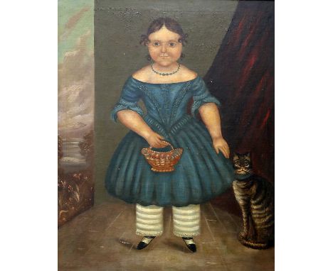 CIRCLE OF JOSEPH WHITING STOCK (AMERICAN 1815-1855) PORTRAIT OF A CHILD HOLDING A BASKET WITH HER CAT Oil on canvas82cm x 67c