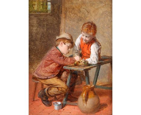 WILLIAM HEMSLEY RBA (1819-1906) FEEDING THE CHICKS SignedOil on panel  20cm x 15cmWith Burlington Paintings, London