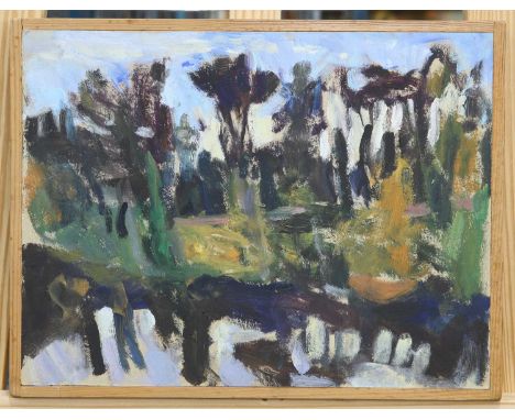 JO BURNS (MODERN BRITISH) REFLECTED TREES, PREBENDS BRIDGE ‡ Signed and inscribed verso "To David (19)91"Oil on card laid to 
