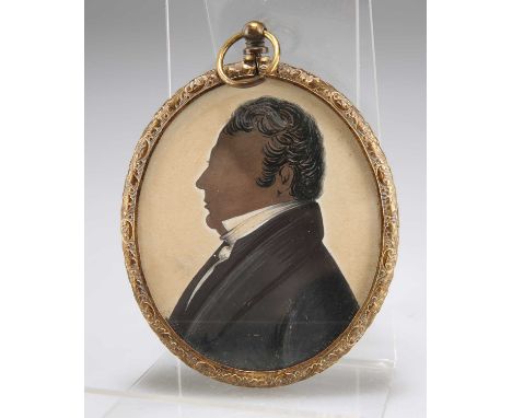 19TH CENTURY ENGLISH SCHOOL PORTRAIT SILHOUETTE OF A MEMBER OF THE GARBUTT FAMILY Label versoWatercolour  7.5cm x 6cm