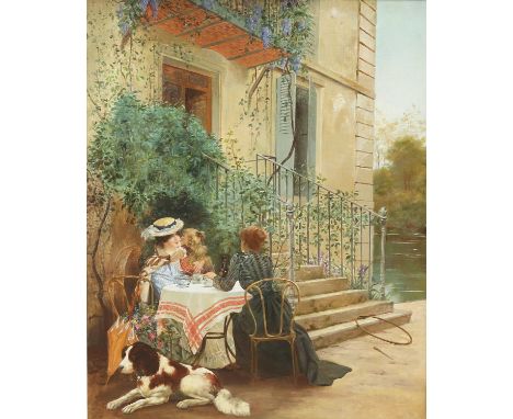 19TH CENTURY FRENCH SCHOOL THE TEA PARTY Signed with monogram to table clothOil on canvas80cm x 64cmIn very good restored con