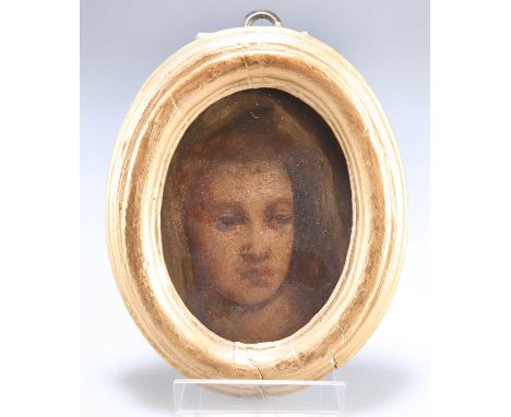 CONTINENTAL SCHOOL LATE 19TH CENTURY PORTRAIT OF A LADY POSSIBLY AFTER DEL SARTO Oil on paper laid to card11.5cm x 8.5cm