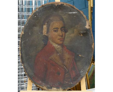 18TH CENTURY ENGLISH SCHOOL PORTRAIT OF A GENTLEMAN IN RED COAT Oil on canvas, oval, unframedAs Found65cm x 54cm