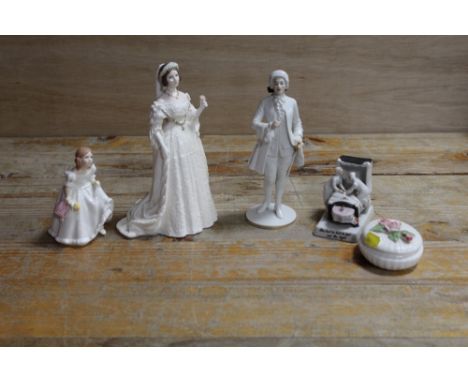 A COALPORT FIGURINE 'QUEEN VICTORIA' TOGETHER WITH ROYAL DOULTON 'LINDSEY', TRINKET BOX ETC