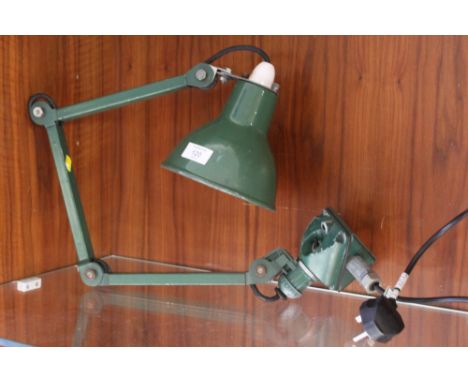 A VINTAGE GREEN ENAMEL WALL MOUNTING ANGLE POISE LAMP