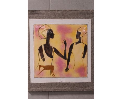 AN UNUSUAL NORTH AFRICAN STYLE ENAMEL ON COPPER PICTURE OF TWO LADIES 