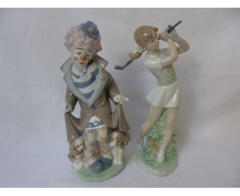 Lladro clown with dogs and a Nao lady golfer