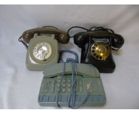 3 Vintage phones inc. an antique brass dial bakelite phone and a BT 2 tone dial phone
