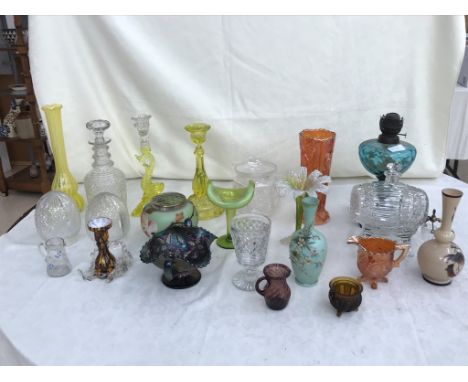 A quantity of vintage glass to inc vaseline, decanters, barrel, oil lamp and candelabras