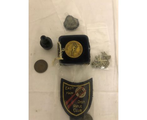 Military Badges to inc Scottish A/F, East Ham Shooting medals and embroidered badge, Cased Royal Corps of Signals Hockey winn