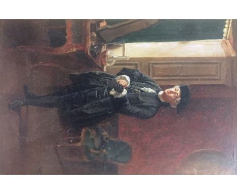 English School (19th century):Portrait of a gentleman in an interior, oil on board, indistinctly signed
