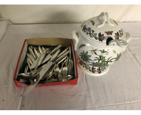A large Port Meirion botanic soup tureen and ladle; together with EPNS flatware to inc Kings pattern