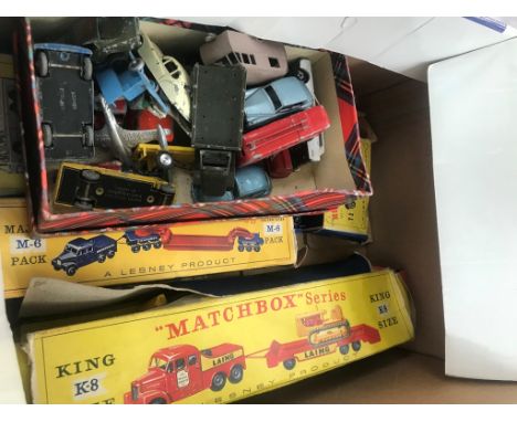 A box of Matchbox and Lesney to inc a boxed K transporter, boxed M6 Major Peak etc
