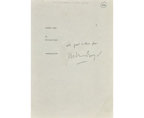 William Boyd, Publisher's file copy photocopy of School Ties typescript, signed by Boyd with a photograph and self-portrait o