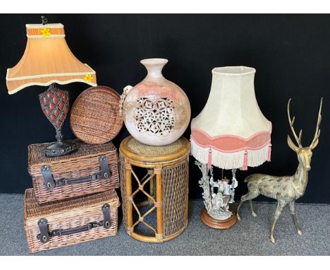 A Capodimonte lamp, 85cm high (with shade);  a large brass model of a stag;  wickerwork picnic hamper baskets;  etc, (8).