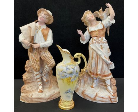 Royal Worcester plush ivory ewer, painted with flowers, c.1890, 23cm high; a pair of German bisque figures, 49cm high (3).