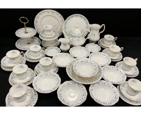 Royal Albert Memory Lane tea service for ten comprised of; a picnic plate, other, two tier cake stand, a tea pot, milk jug, h