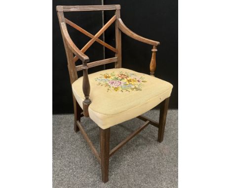 A George III mahogany armchair, x-frame back, tapestry seat, 91.5cm high x 54cm wide,