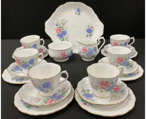 Royal Albert Sweet Pea tea service for six comprised of; a picnic plate, milk jug, sugar bowl, six tea cups and saucers.