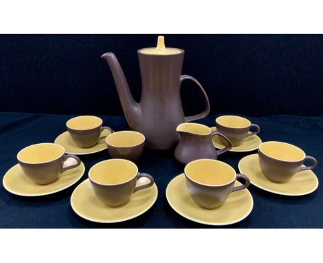 Poole two tone brown and yellow coffee service for six comprised of; a coffee pot, cream jug, sugar bowl, six coffee cups and