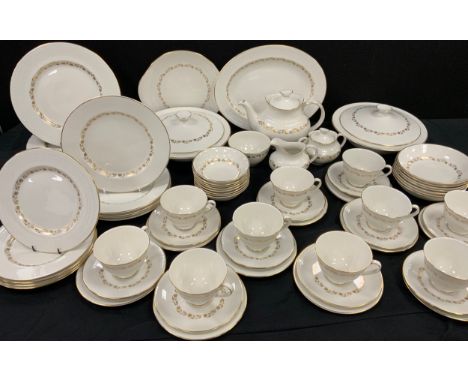 Royal Doulton Fairfax pattern table service comprising;  a meat dish, tea pot, sugar bowl , milk jugs, lidded tureens, four d