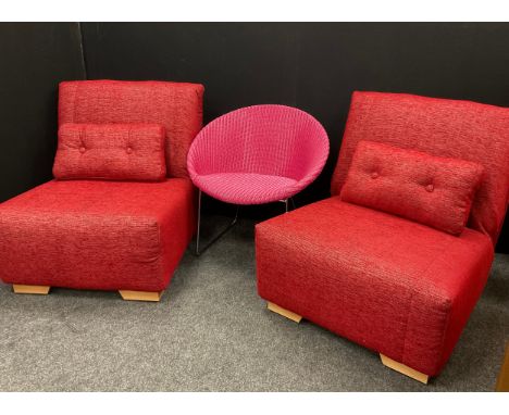A pair of John Lewis single sofa beds, 85cm depth, 76cm width, 84cm height, the seat 39cm;  A Lloyd Loom circular wicker chai