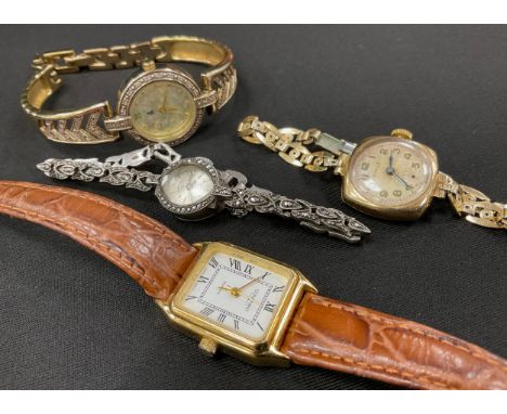 A selection of watches; to include a 9ct Gold Hirco swiss made watch with gold plated watch bracelet, a ladies Rotary silver 