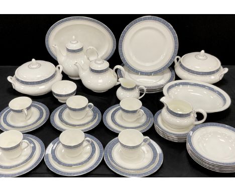 Royal Doulton Sherbrooke pattern part table service for six including; a tea pot, coffee pot, milk jug, sugar bowl, two lidde
