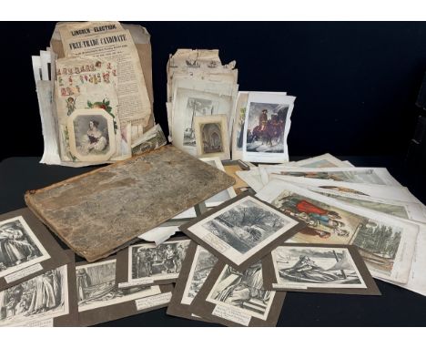 A folio of original 18th and 19th century engravings, mid-18th century map of Europe ‘L. Ridge’, etchings, wood cuts, lithogr