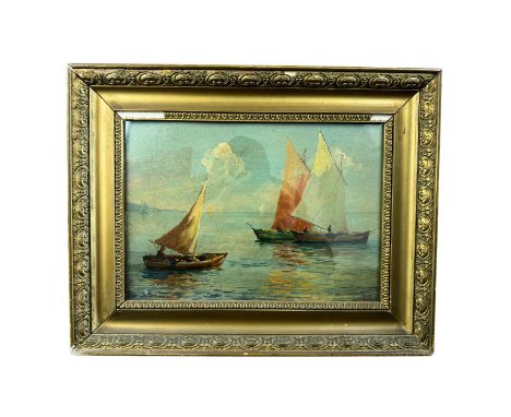 Seascape with boats - Oil painting on cardboard, 20th century, Italian school, depicting a seascape with boats. Interior fram