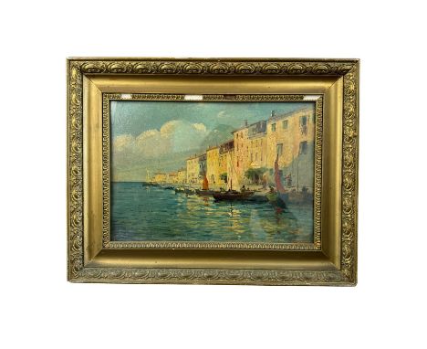 Seascape with boats - Oil painting on cardboard, 20th century, Italian school, depicting a seascape with boats. Frame interio