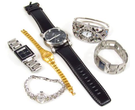 A gentleman's G 4 Diamonds fashion wristwatch, the 4cm dia. dial with black leather strap, a Ladies Watch Company bracelet wa