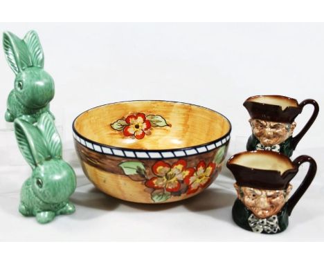 A pair of Royal Doulton Old Charley character jugs, a pair of Sylvac bunnies and a mid 20thC H & K Tunstall fruit bowl. (AF)