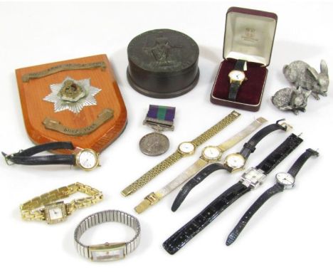 Various jewellery and effects, Elizabeth II medal with Near East clasp, marked 23272253 PTE RR KARSLAKE RAMC, circular jar, 1