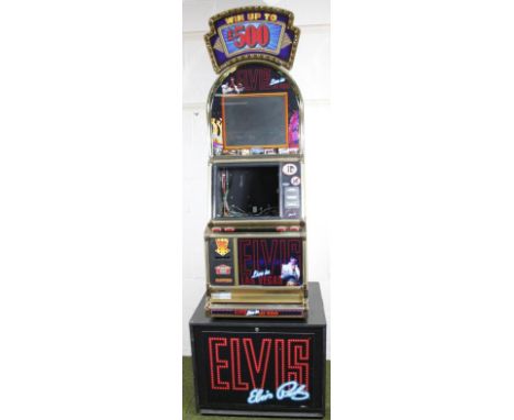 A Bar Crest Games Elvis Live In Las Vegas fruit machine, on stand, with £500 Jackpot, 235cm high. without key.  (AF, hoppers 