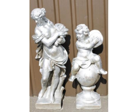 Two classical garden statues, the first a semi-clad lady, the second a cherub, on shaped bases, each partially painted silver