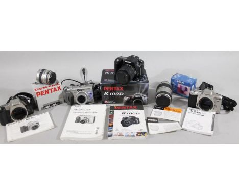 A Pentax K100D digital camera, Pentax 80-320 lens, 35-80 lens,  MZ30 camera,  MZ-60 camera, Canon PowerShot G3 camera, etc.