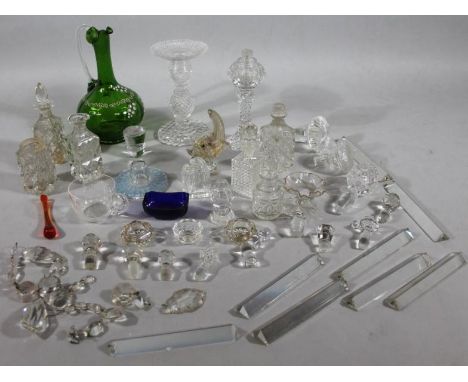 Various glassware,  green glass ewer with plain glass handle, 21cm high, glass Waterford style candlestick, lustre droppers, 