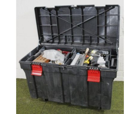A Rubbermaid portable tool chest and a quantity of hand tools and accessories, to include Allen keys, files, socket sets, etc