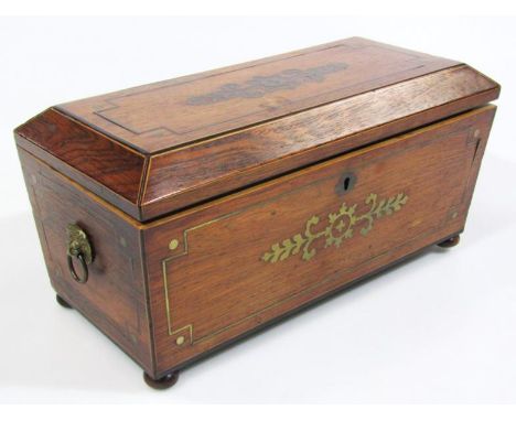 A Regency rosewood and metal bound tea caddy, of rectangular sarcophagus outline, the hinged lid revealing two removable bras