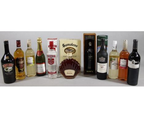 Various alcohol, to include Dows Port, in box, 32cm high, The Shy Pig crisp white vintage wine, various other bottles, etc. (