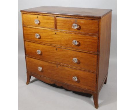 A 19thC mahogany chest, of two short over three graduated drawers, on splayed bracket feet, 109cm high, 106cm wide, 51cm deep