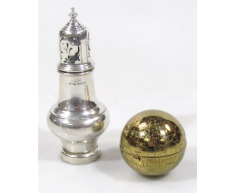 A 1950s Pygmalion compact globe and a George V silver conical shaped sifter, with part pierced domed lid, urn finial, and a b