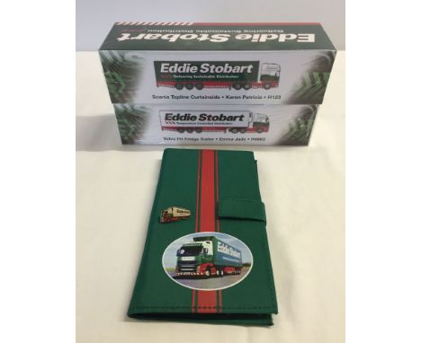 2 sealed Eddie Stobart lorries: 1) Volvo FH Fridge Trailer & 2) Scania Topline Curtainside with an Eddie Stobart notebook pen