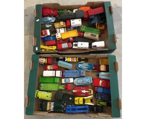 2 boxes of playworn diecast to include Corgi Quad Tractor, Dinky Hovercrafts and Lionel plastic train.