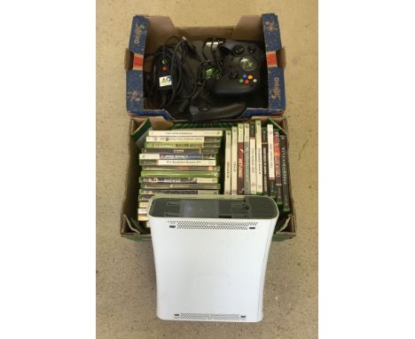 An unboxed XBOX console with controller, remote & power leads (no video leads) together with an Xbox 360 console (no leads/co